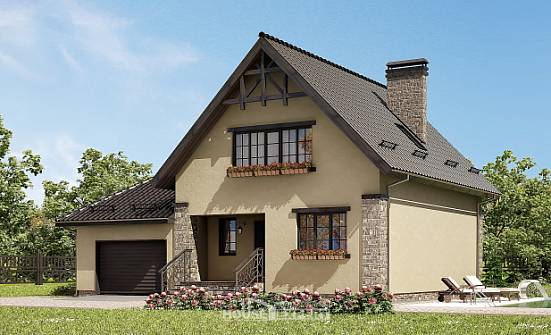 160-005-Л Проект двухэтажного дома с мансардой и гаражом, небольшой домик из пеноблока Гусев | Проекты домов от House Expert