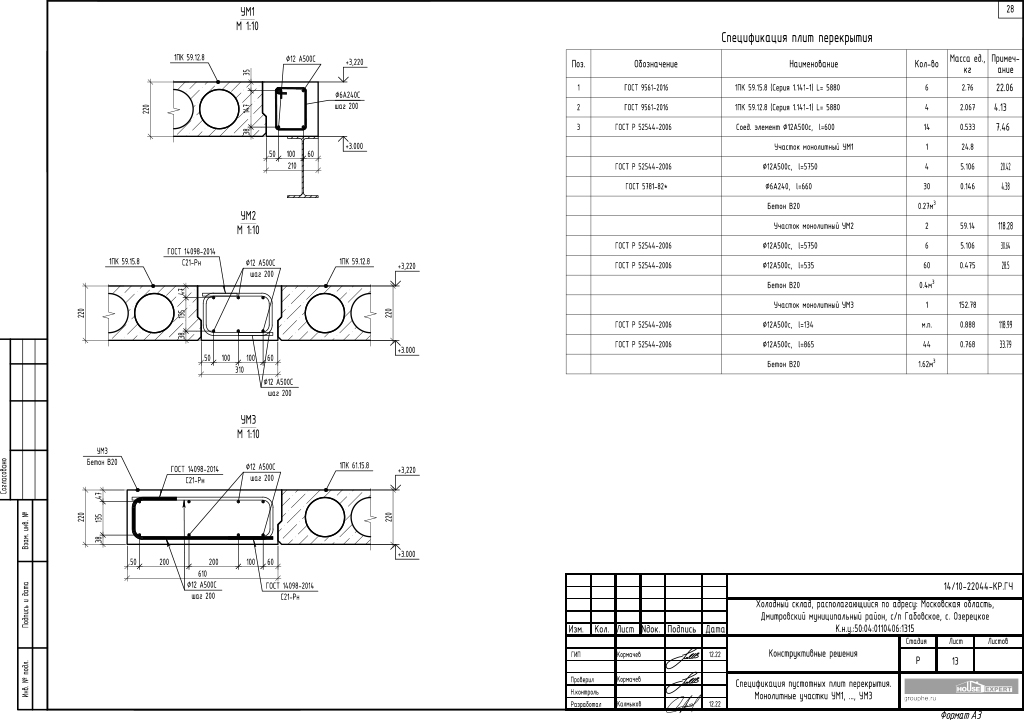 Конструктивные решения - Спецификация пустотных плит перекрытия. Монолитные участки УМ1, УМ2, УМ3